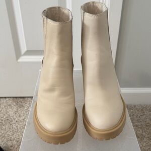 Dolce Vita Cream Leather Ankle Boots with Tan Platform Sole